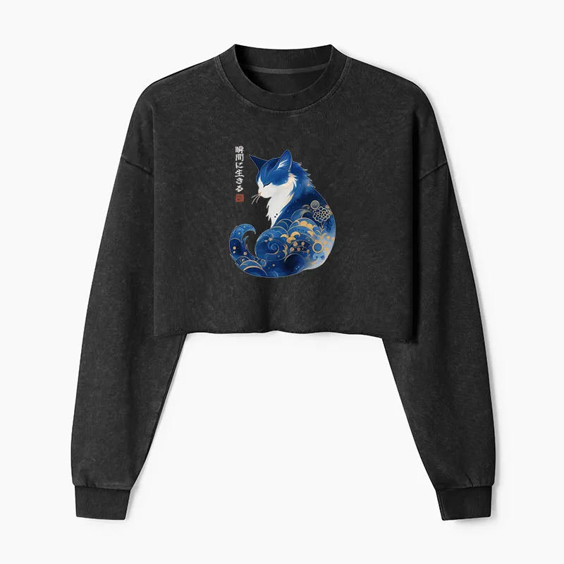 Tokyo-Tiger Retro Zen Cat: Living the Present Washed Crop Sweatshirt