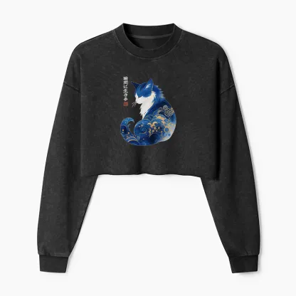 Tokyo-Tiger Retro Zen Cat: Living the Present Washed Crop Sweatshirt