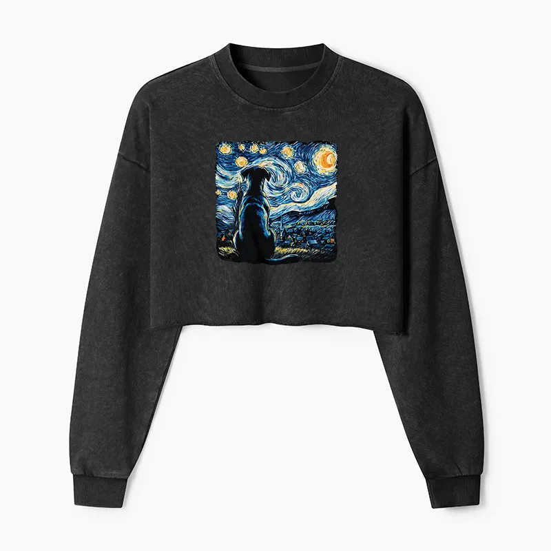 Tokyo-Tiger Starry Night Dog Washed Crop Sweatshirt