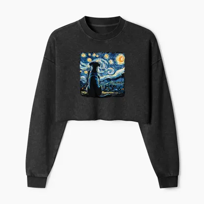 Tokyo-Tiger Starry Night Dog Washed Crop Sweatshirt