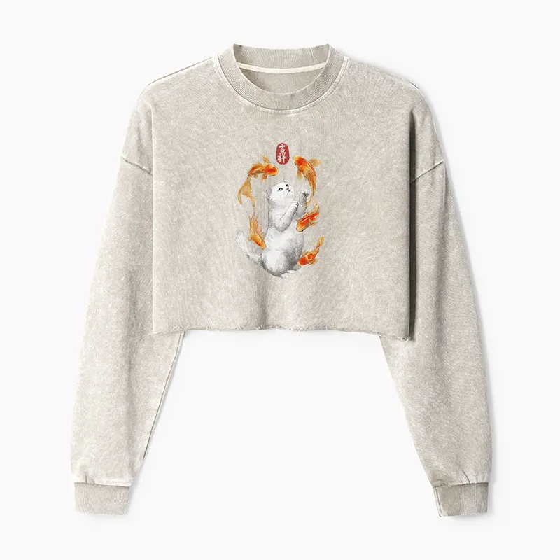 Tokyo-Tiger Zen Cat And The Dancing Fish Washed Crop Sweatshirt