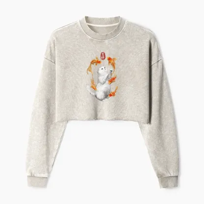 Tokyo-Tiger Zen Cat And The Dancing Fish Washed Crop Sweatshirt