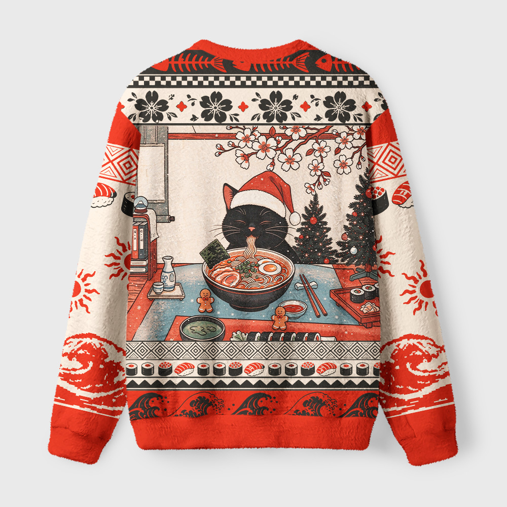 Tokyo-Tiger Ukiyo-e Santa Cat Ramen Fuzzy Christmas Ugly Sweatshirt