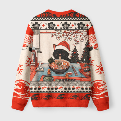 Tokyo-Tiger Ukiyo-e Santa Cat Ramen Fuzzy Christmas Ugly Sweatshirt