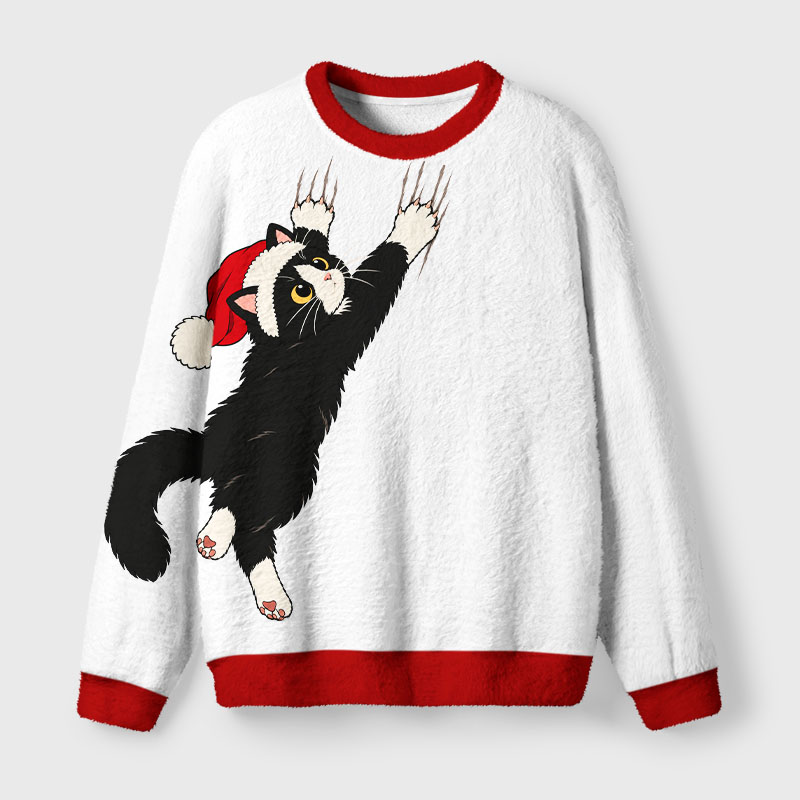 Tokyo-Tiger Funny Naughty Hanging Cat Fuzzy Christmas Ugly Sweatshirt