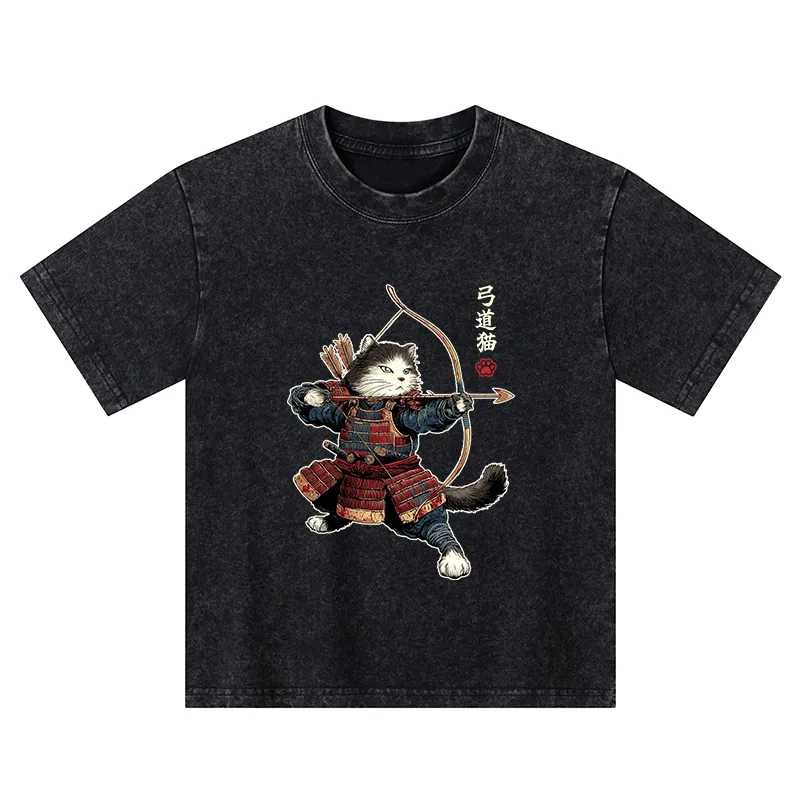 Tokyo-Tiger Kyudo Samurai Cat Kids Washed T-Shirt