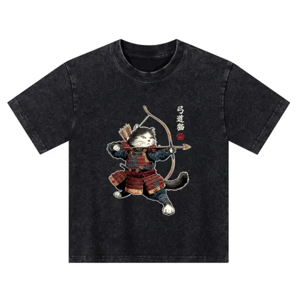 Tokyo-Tiger Kyudo Samurai Cat Kids Washed T-Shirt