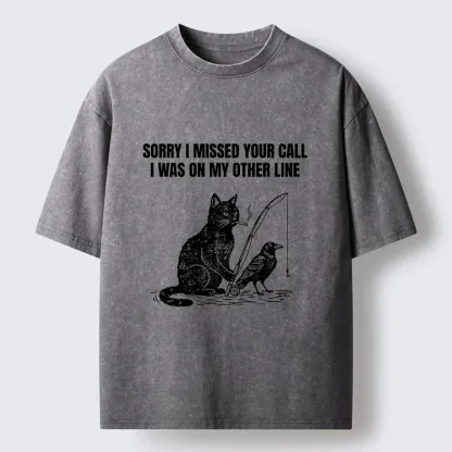 Tokyo-Tiger Funny Cat Fishing With Crow Meme Washed T-Shirt