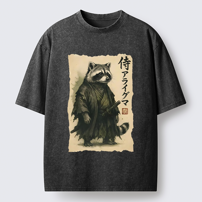Tokyo-Tiger Japanese Samurai Raccoon Art Washed T-Shirt