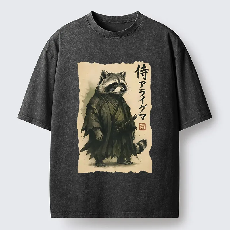 Tokyo‑Tiger Japanese Samurai Raccoon Art Washed T‑Shirt Sale