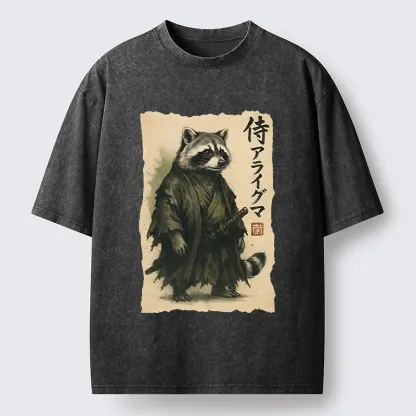 Tokyo-Tiger Japanese Samurai Raccoon Art Washed T-Shirt