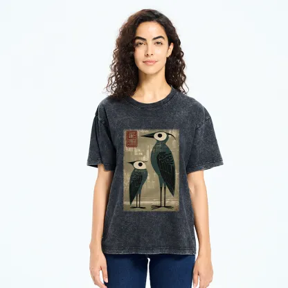 Tokyo-Tiger Retro Two Birds Art Washed T-Shirt