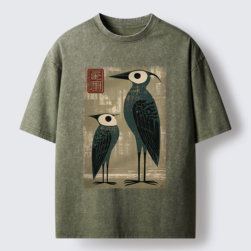 Tokyo-Tiger Retro Two Birds Art Washed T-Shirt
