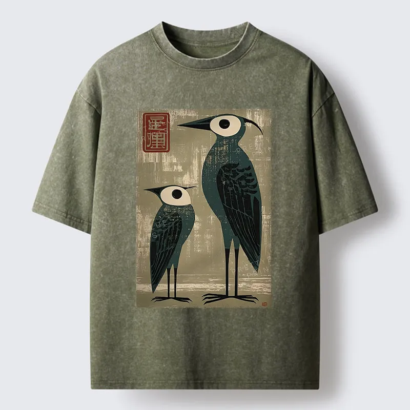 Tokyo-Tiger Retro Two Birds Art Washed T-Shirt