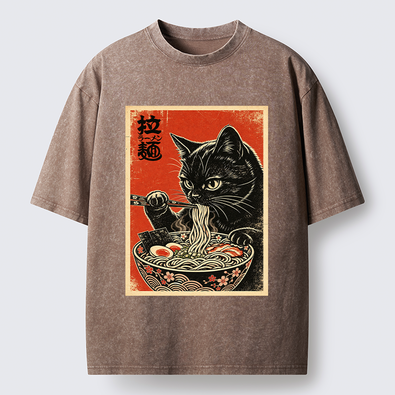 Tokyo-Tiger Japanese Ramen Cat Art Washed T-Shirt