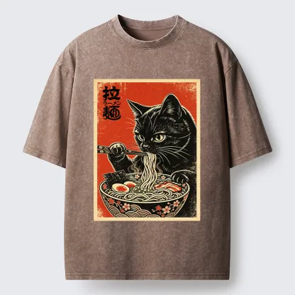 Tokyo-Tiger Japanese Ramen Cat Art Washed T-Shirt