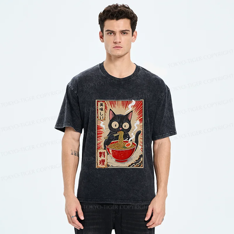Tokyo-Tiger Black Cat Eating Ramen Comic Washed T-Shirt