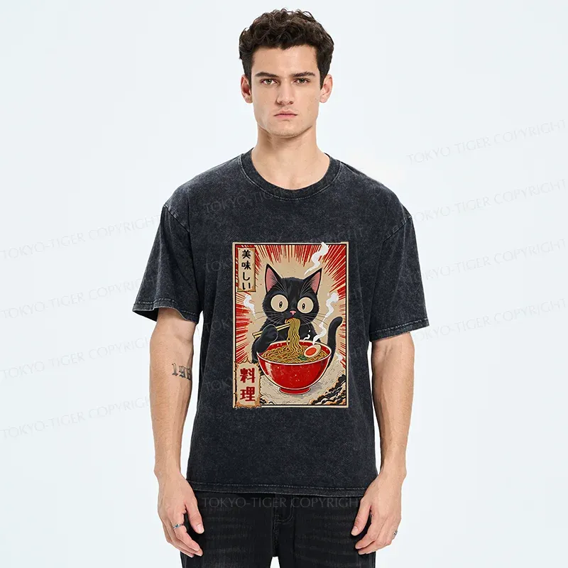Tokyo-Tiger Black Cat Eating Ramen Comic Washed T-Shirt