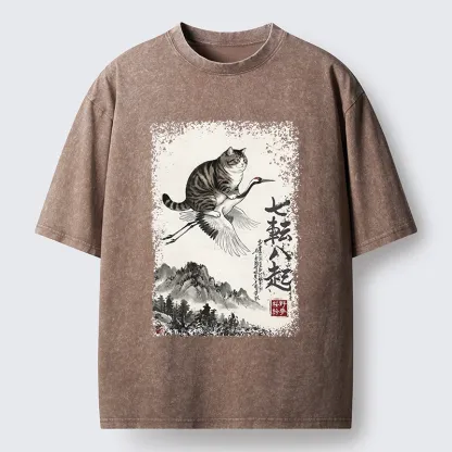 Tokyo-Tiger Funny Cat Riding Crane Art Washed T-Shirt