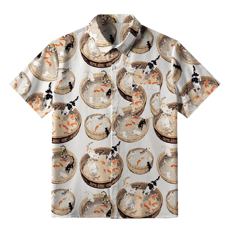 Tokyo-Tiger Cat Teasing Fish Button-up Shirt