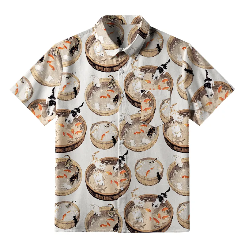 Tokyo-Tiger Cat Teasing Fish Button-up Shirt