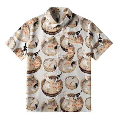 Tokyo-Tiger Cat Teasing Fish Button-up Shirt