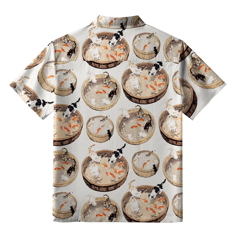 Tokyo-Tiger Cat Teasing Fish Button-up Shirt