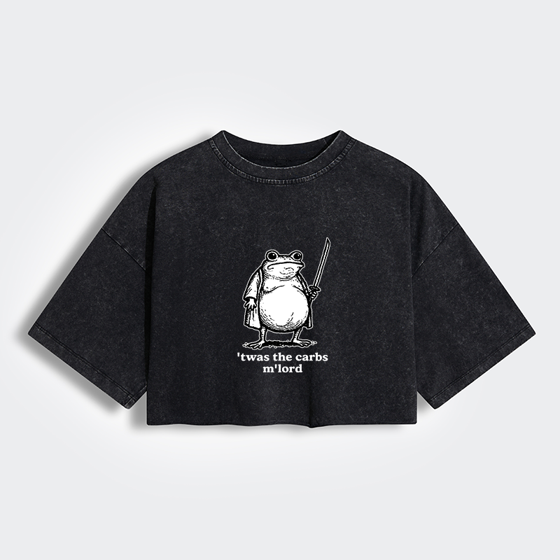 Tokyo-Tiger Funny Fat Samurai Frog Women's Washed Crop T-Shirt