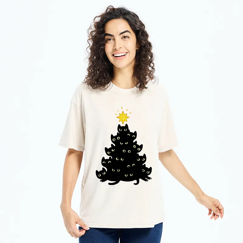 Tokyo-Tiger Black Cat Christmas Tree Washed T-Shirt
