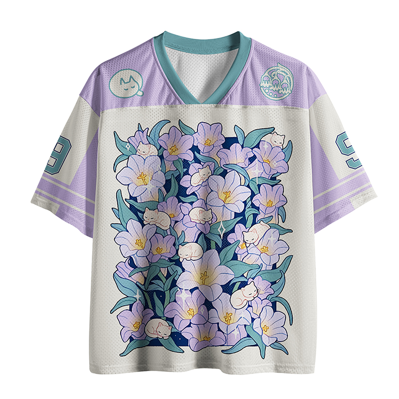 Tokyo-Tiger Sleeping Kittens Among Purple Blooms Mesh Jersey