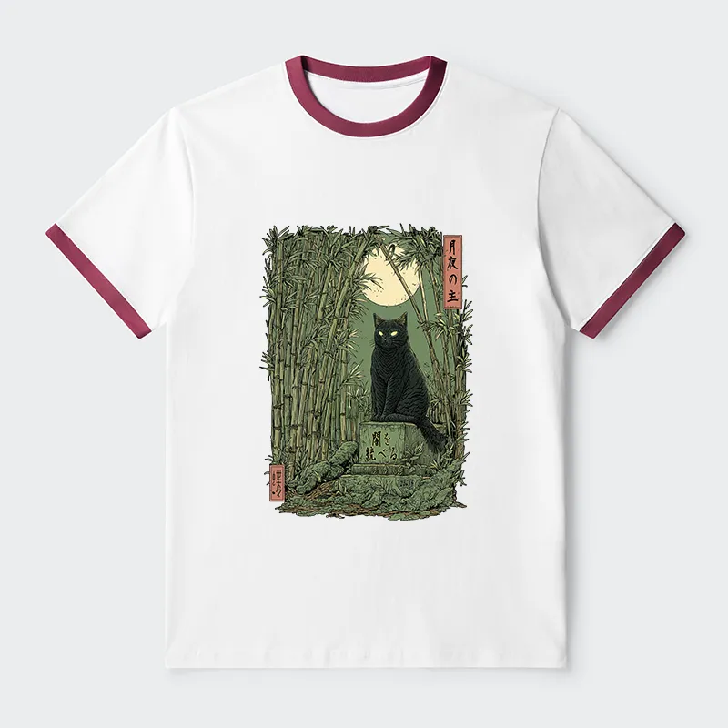 Tokyo-Tiger Black Cat In The Bamboo Forest Contrast Trim T-Shirt