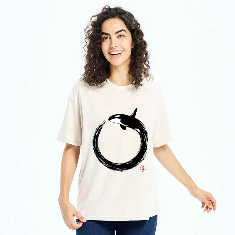 Tokyo-Tiger Orca In Black Ink Circle Washed T-Shirt