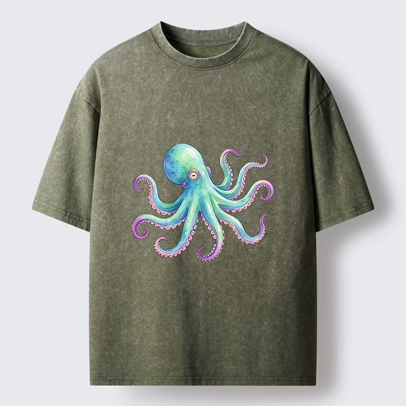 Tokyo‑Tiger Watercolor Octopus Washed T‑Shirt