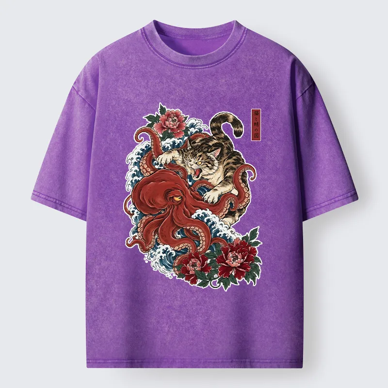 Tokyo‑Tiger Ukiyo Style Cat Fighting Octopus Washed T‑Shirt Sale