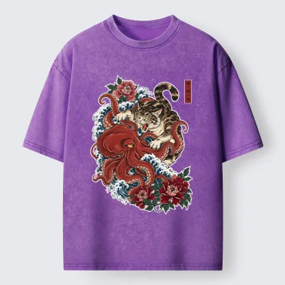 Tokyo-Tiger Ukiyo Style Cat Fighting Octopus Washed T-Shirt
