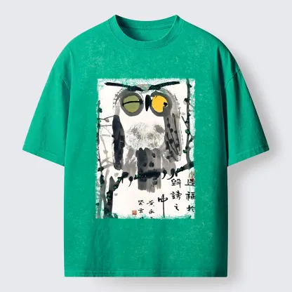 Tokyo-Tiger Oriental Ink Owl Art Washed T-Shirt