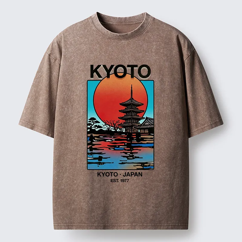 Tokyo-Tiger Japanese Temple Sunset Art Washed T-Shirt
