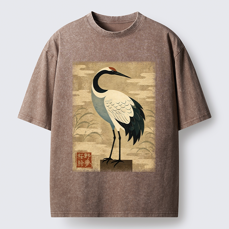 Tokyo-Tiger Elegant Japanese Crane Washed T-Shirt