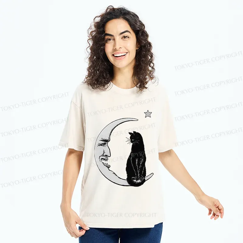 Tokyo-Tiger Moon And Cat Washed T-Shirt