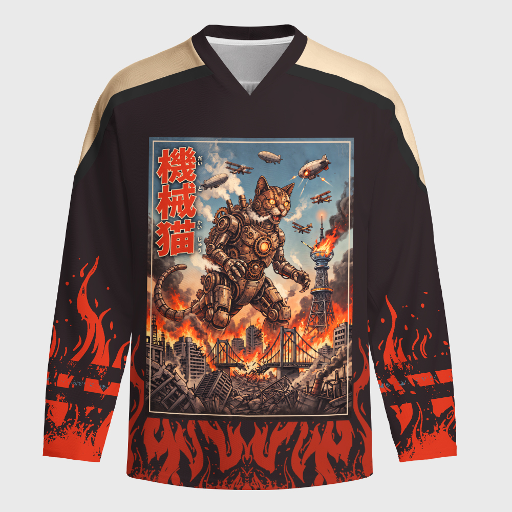 Tokyo-Tiger Retro Steampunk Mecha Cat Monster Long-Sleeve Hockey Jersey