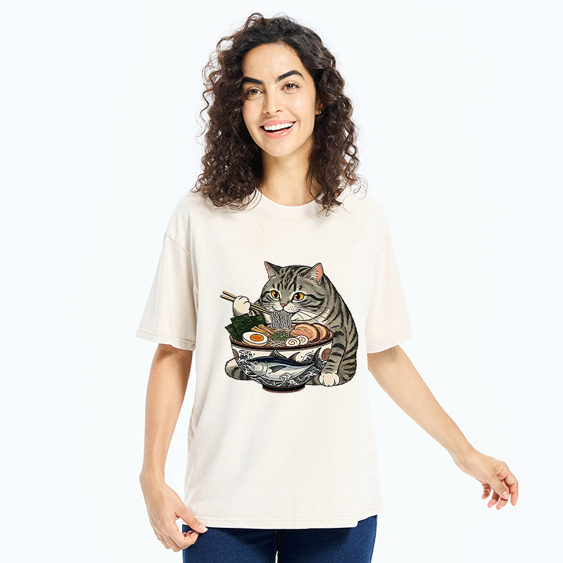 Tokyo-Tiger Fat Cat Eats Delicious Japanese Ramen Washed T-Shirt