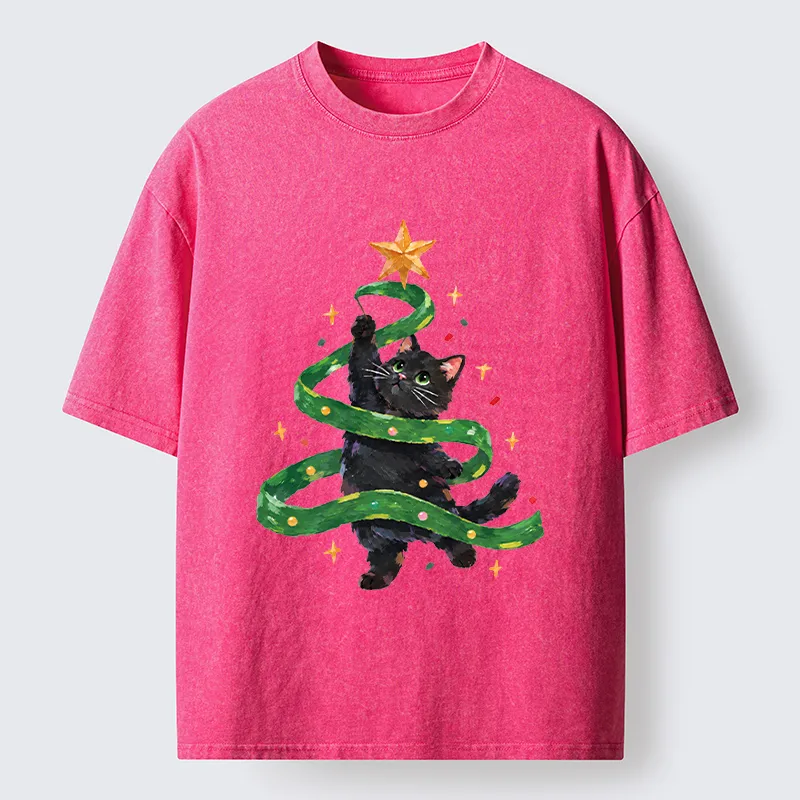 Tokyo-Tiger Black Cat Christmas Tree Ribbon Washed T-Shirt
