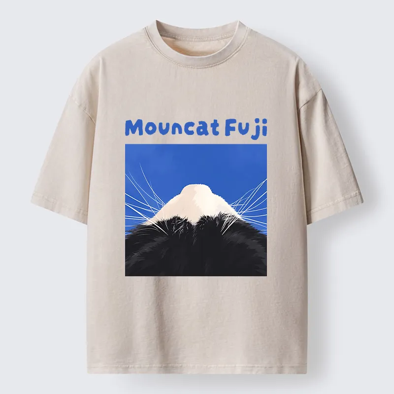 Tokyo-Tiger Cute Cat Fuji Mountain Art Washed T-Shirt