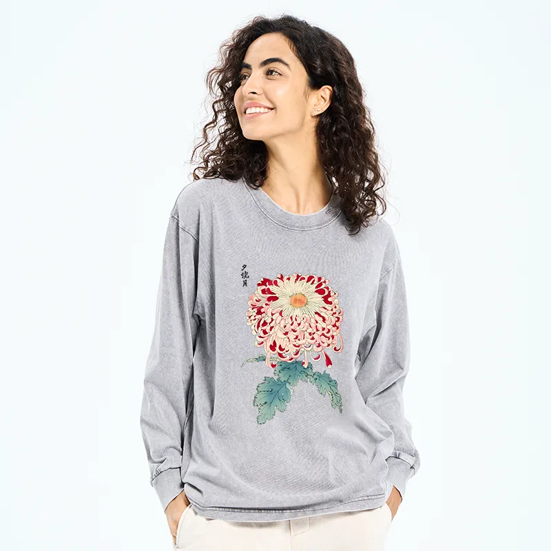 Tokyo-Tiger Vintage Chrysanthemum Art Washed Long Sleeve T-Shirt