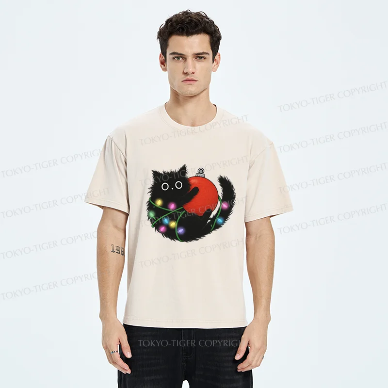 Tokyo-Tiger Black Cat Entangled In Light Strips Washed T-Shirt