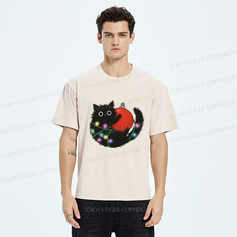 Tokyo-Tiger Black Cat Entangled In Light Strips Washed T-Shirt