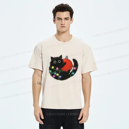 Tokyo-Tiger Black Cat Entangled In Light Strips Washed T-Shirt