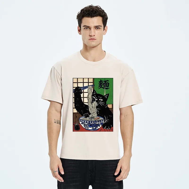 Tokyo‑Tiger Ramen Cat Vibes Washed T‑Shirt