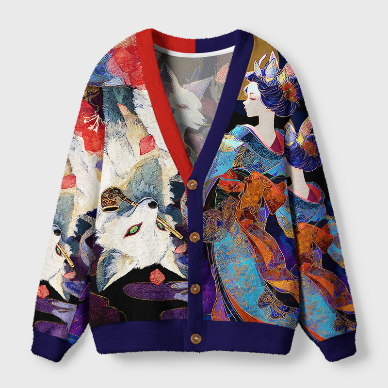 Tokyo-Tiger Kitsune’s Enchanted Blossoms Ugly Cardigan Sweater