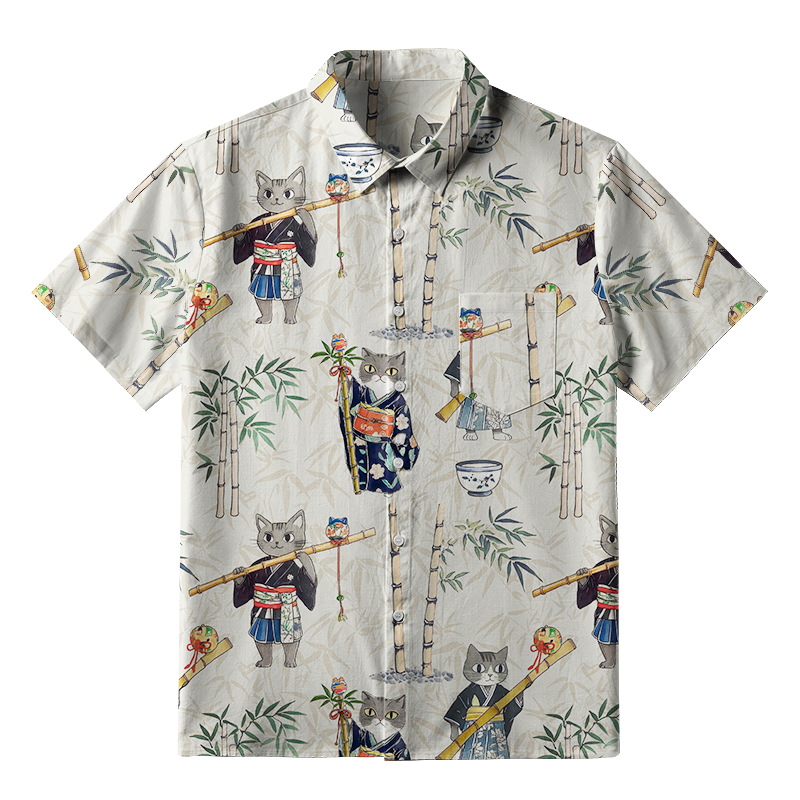 Tokyo-Tiger Cat Holding A Bamboo Pole Button-up Shirt